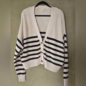 Striped V-Neck Button Cardigan Sweater - Cream & Navy